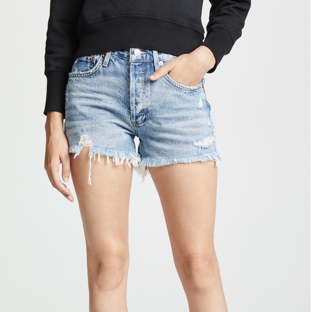 Agolde Light Blue Frayed Hem Denim Shorts